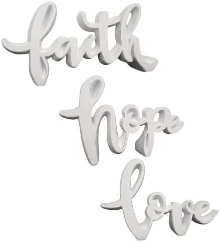 אמונה, תקווה ואהבה - תסריט שולחן לבן במצוקה קטנה תסריט מילה עיצוב | 3pk | מילות שרף חווה מודרניות דקורטיביות